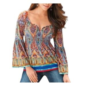 Boston Proper Paisley Bell Sleeve Boho Blouse Top Blue Orange Womens Medium